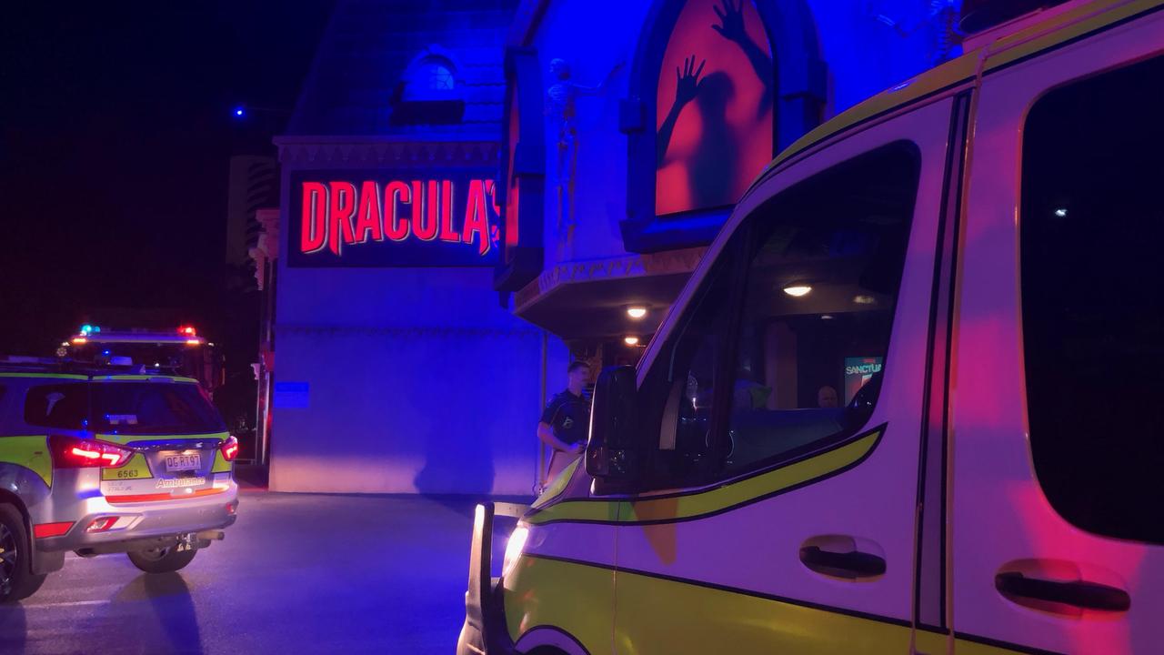 Dracula’s in Broadbeach was evacuated about 8.45pm on Tuesday after a bin fire at the back of the venue.