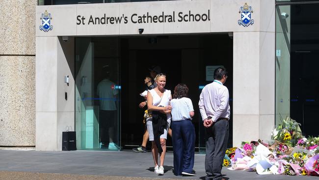 A view of the flowers left in honour of Lilie James outside the St Andrews School in Sydney after she was murdered last week by her former partner. Photo by: NCA NewsWire /Gaye Gerard