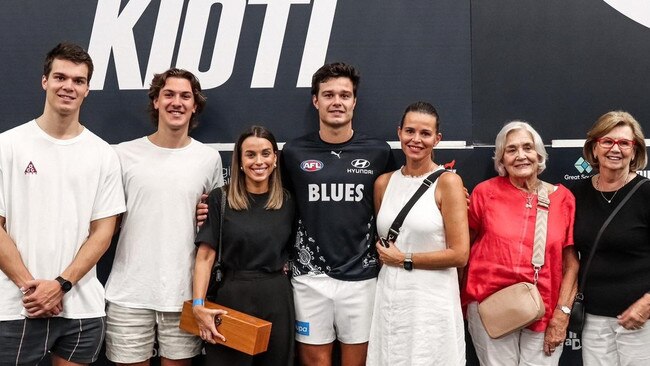 Jack Silvagni with his family celebrating his 100th game for Carlton with dad Stephen notably absent. Picture: Supplied / Carlton media.