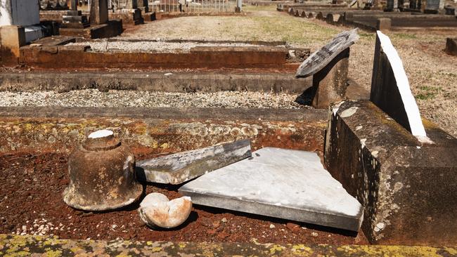 Vandals have damaged or destroyed more than 300 graves at Toowoomba's Drayton Cemetery, Sunday, August 11, 2024. Picture: Kevin Farmer