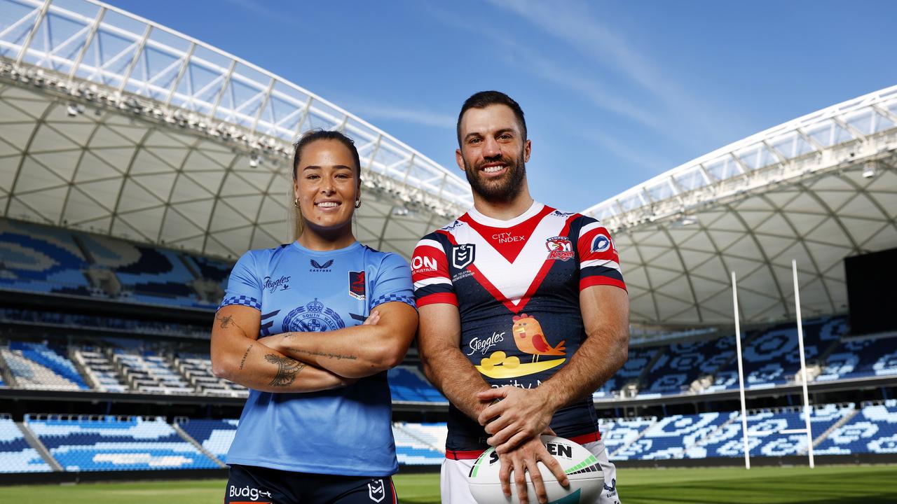 Roosters captains Isabelle Kelly and James Tedesco are honoured to play in the Emergency Services NRL Event. Picture: Jonathan Ng