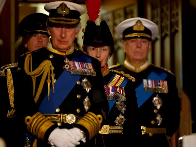 LONDON, ENGLAND - SEPTEMBER 16: King Charles lll, Princess Anne, Princess Royal, Prince Andrew, Duke of York and Prince Edward, Earl of Wessex attend a vigil, following the death of Queen Elizabeth ll, inside Westminster Hall on September 16, 2022 in London, England. Queen Elizabeth II's children mount a family vigil over her coffin lying in state in Westminster Hall. Queen Elizabeth II died at Balmoral Castle in Scotland on September 8, 2022, and is succeeded by her eldest son, King Charles III. (Photo by Hannah Mckay - WPA Pool / Getty Images)