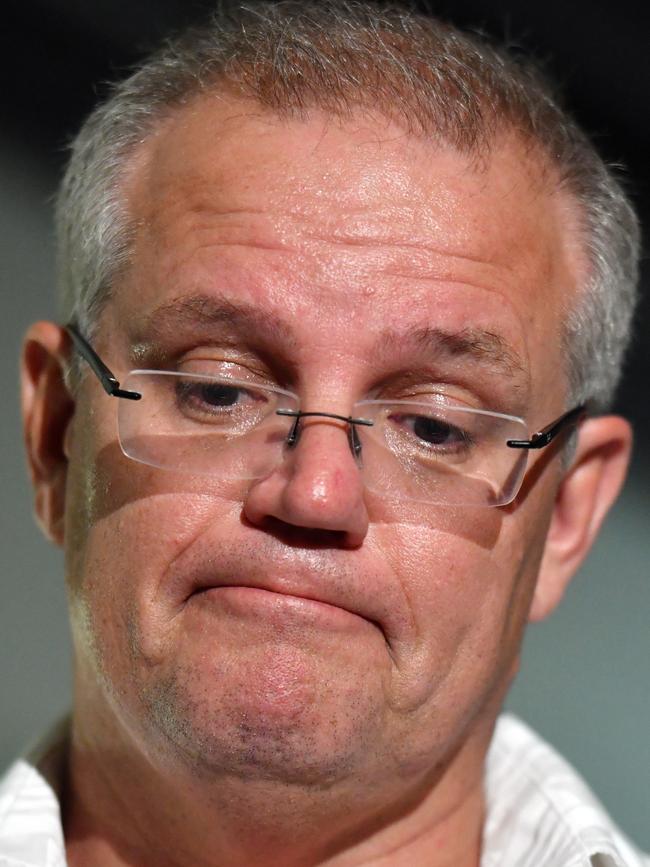 Prime Minister Scott Morrison at a press conference after the Leaders Retreat during the Pacific Islands Forum in Tuvalu on Thursday. Picture: Mick Tsikas/AAP