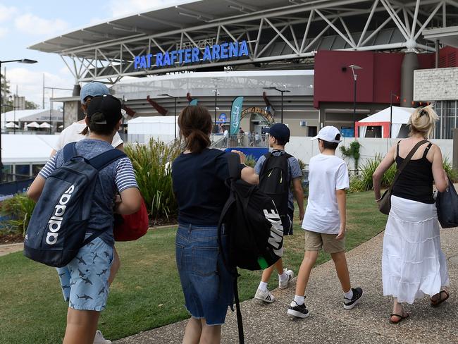 Fans arrive ahead of day 1 of the ATP Cup tennis tournament at at Pat Rafter Arena in Brisbane, Friday, January 3, 2020. (AAP Image/Albert Perez) NO ARCHIVING, EDITORIAL USE ONLY