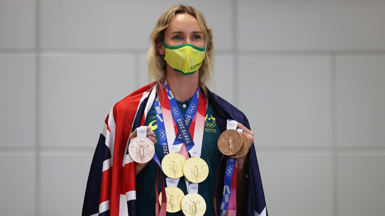 Emma McKeon poses with her seven Olympics medals. Picture: James Chance/Getty Images