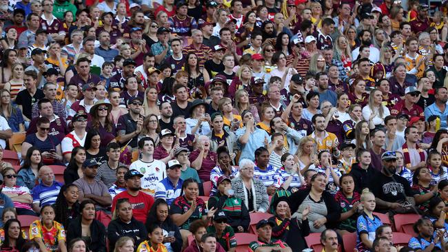 Crowd react to the NRL Broncos v Dragons Round, Suncorp Stadium, Milton. Photographer: Liam Kidston.