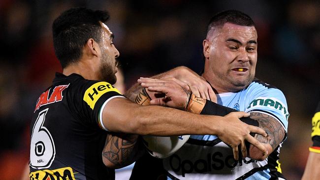 Andrew Fifita on the charge for the Sharks.