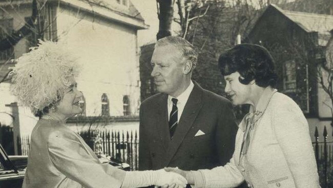 Sir Alick Downer and Lady Mary Downer greet Queen Elizabeth, the queen mother, before having lunch with her at Stoke Lodge on March 8, 1966.