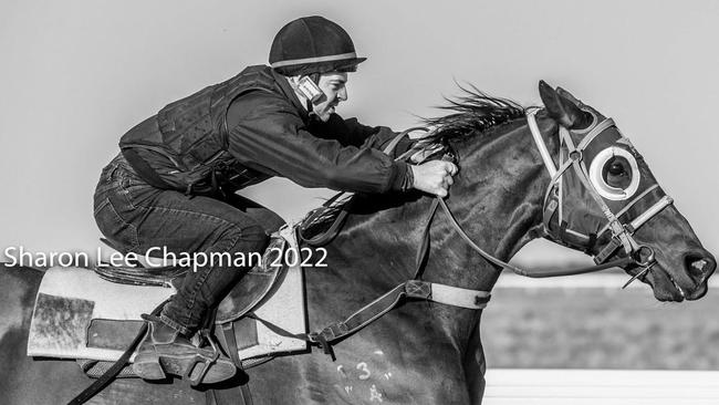 Sharon Chapman‘s photo allegedly showing jockey Ric McMahon holding a jigger while riding a horse at Birdsville trackwork.