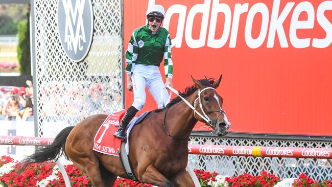 Via Sistina (IRE) ridden by James McDonald wins the Ladbrokes Cox Plate at Moonee Valley Racecourse on October 26, 2024 in Moonee Ponds, Australia. (Photo by Pat Scala/Racing Photos via Getty Images)