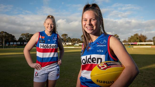 Central District players Aisha Thomas and Kimberley Fry, pictured when the Bulldogs’ bid to join the SANFLW was granted. Picture: James Elsby