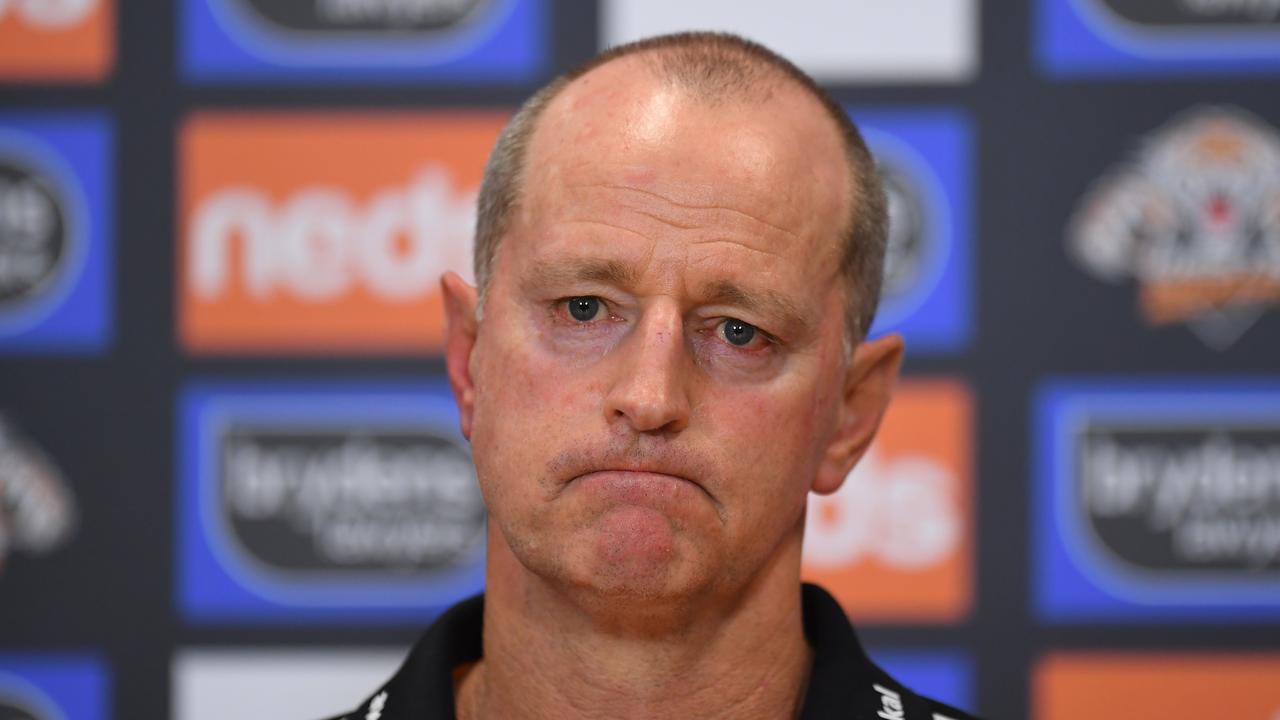 BRISBANE, AUSTRALIA - SEPTEMBER 05: West Tigers coach Michael Maguire speaks to the media after his team's defeat during the round 25 NRL match between the Wests Tigers and the Canterbury Bulldogs at Moreton Daily Stadium, on September 05, 2021, in Brisbane, Australia. (Photo by Albert Perez/Getty Images)