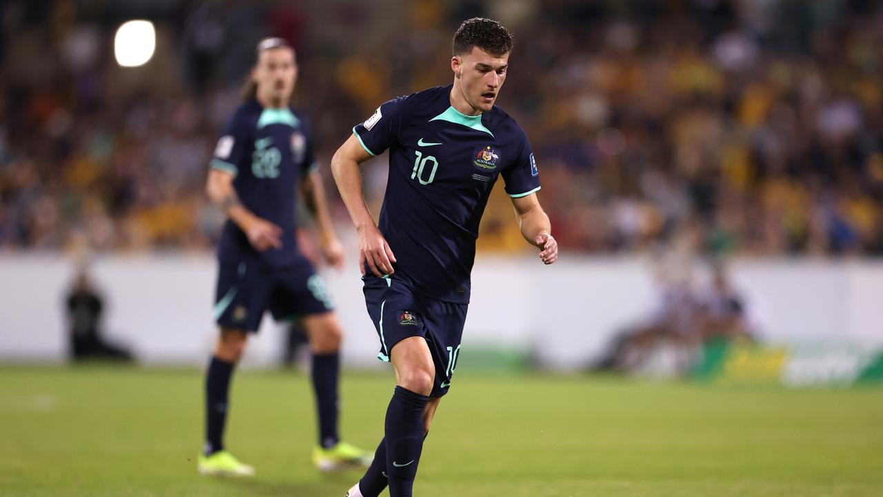 Ajdin Hrustic was in good form for Australia on Tuesday night before being forced off the field with an ankle injury. Picture: Mark Kolbe/Getty Images