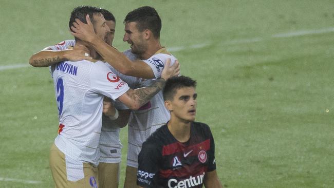 Vedran Janjetovic,GK for the Wanderers saves a penalty shot from Jason Hoffman of the Jets but Jason Hoffman kicks the goal from the rebound during the Round 17 A-League match between the Western Sydney Wanderers and the Newcastle Jets at ANZ Stadium in Sydney, Friday, February 1, 2019. (AAP Image/Craig Golding) NO ARCHIVING, EDITORIAL USE ONLY