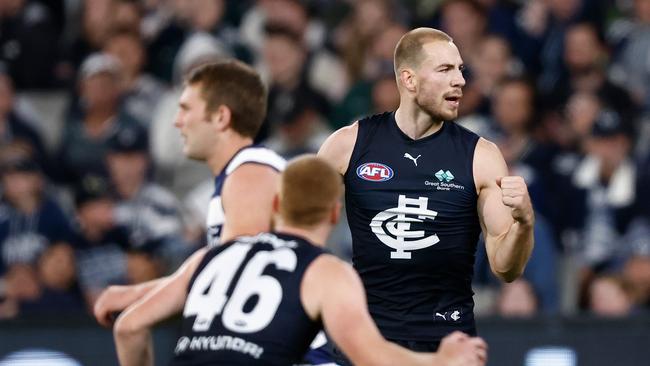 Harry McKay (right) has also been fined by the Match Review Panel. (Photo by Michael Willson/AFL Photos via Getty Images)