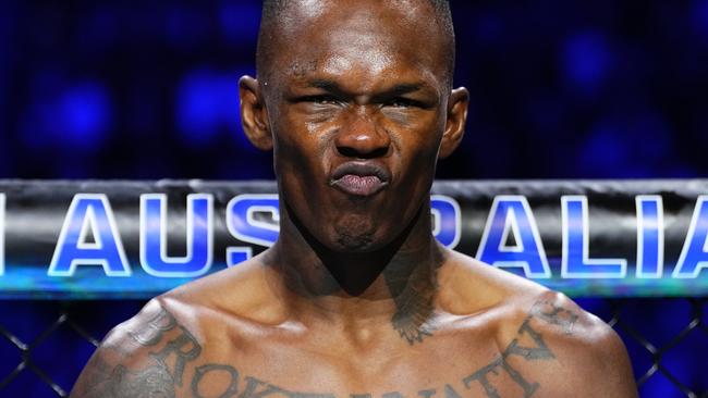 PERTH, AUSTRALIA - AUGUST 18: Israel Adesanya of Nigeria prepares to face Dricus Du Plessis of South Africa in the UFC middleweight championship fight during the UFC 305 event at RAC Arena on August 18, 2024 in Perth, Australia. (Photo by Jeff Bottari/Zuffa LLC)