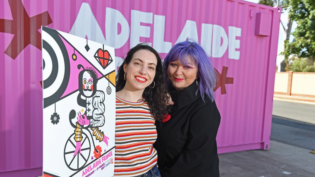 Adelaide Fringe director Heather Croall, right, with its 2021 poster design winner Polina Tsymbal. Picture: Tom Huntley