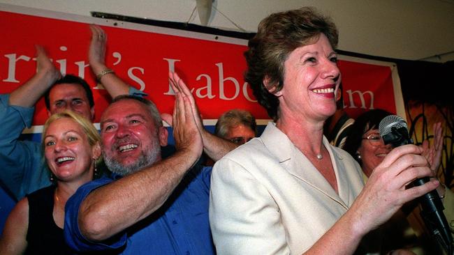 NT politician Chief Minister Clare Martin (r, front) being congratulated by supporters after winning election in Darwin 18 Aug 2001.