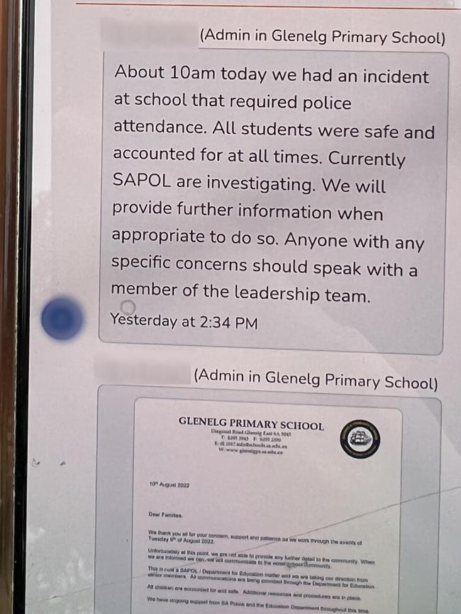 A text message to Glenelg Primary School parents after the attempted abduction.