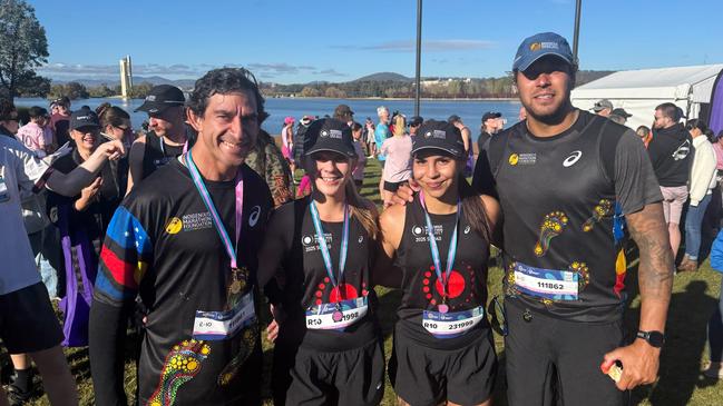 Sharman Williams (middle right) pictured with Johnathan Thurston and Buddy Franklin after the Mother's Day Classic marathon in Canberra on May 11, 2025. Picture: Supplied