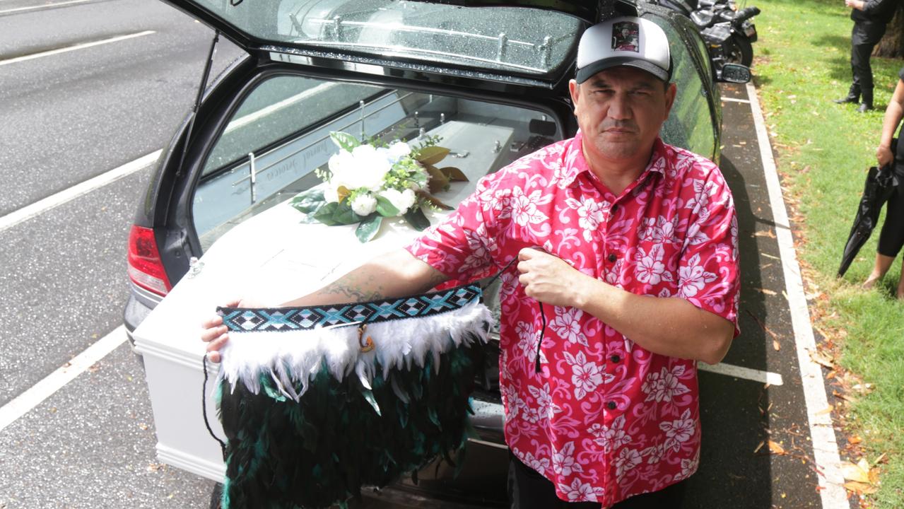 Glenn Wiremu Taiapa in front of the hearse carrying his three-year-old boy Tiwanaku Pineamine Taiapa. Picture: Peter Carruthers