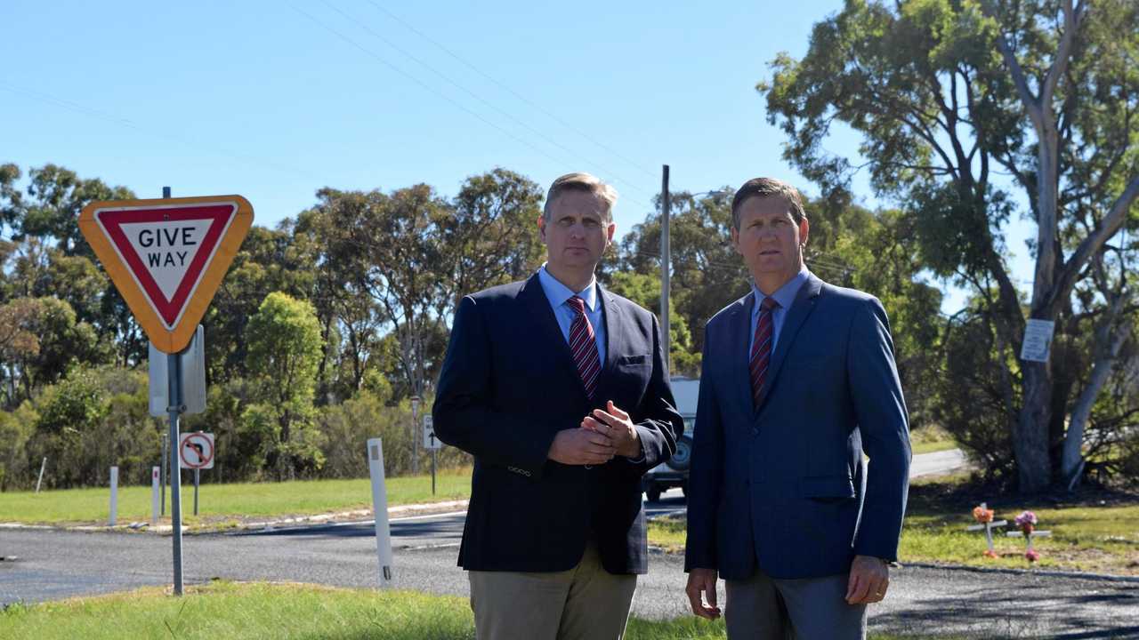 SAFER ROADS: LNP state candidate James Lister and Member for the Southern Downs Lawrence Springborg look forward to improved safety at the southern intersection of the New England Hwy and Stanthorpe Connection Rd. Picture: Samantha Wantling