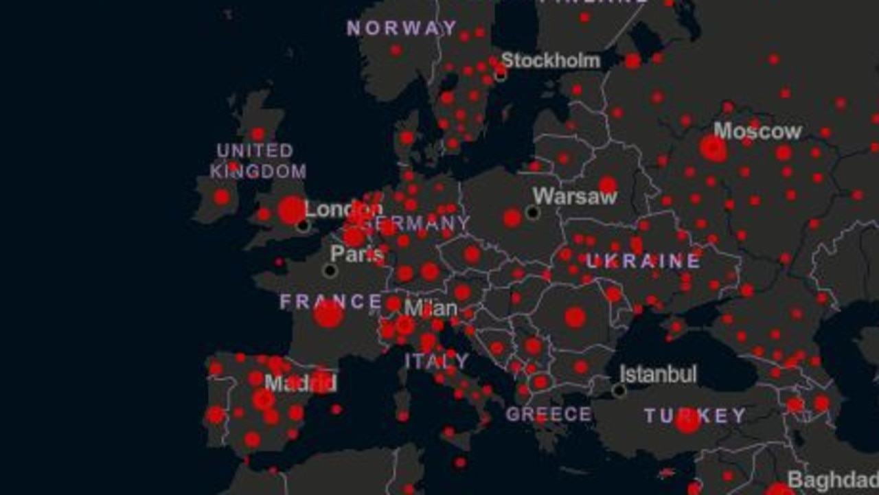 Europe recorded 54,000 cases in 24 hours. Picture: Johns Hopkins University