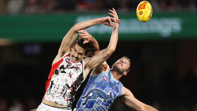 Max King of the Saints and Josh Walker of the Kangaroos compete for the ball. Picture: Robert Cianflone/Getty Images