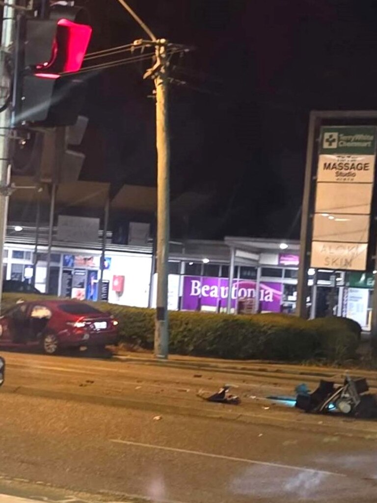 A stolen maroon Toyota Camry crashed at the intersection of Nathan St and Fulham Road in Vincent on Tuesday morning. Picture: Snapchat