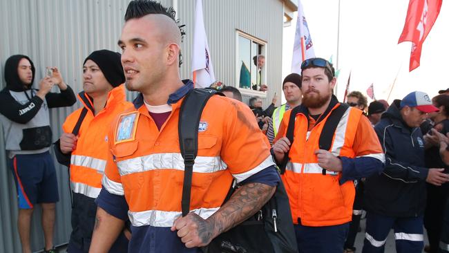 Union workers gather at Hutchinson Port at the Port of Brisbane in August.