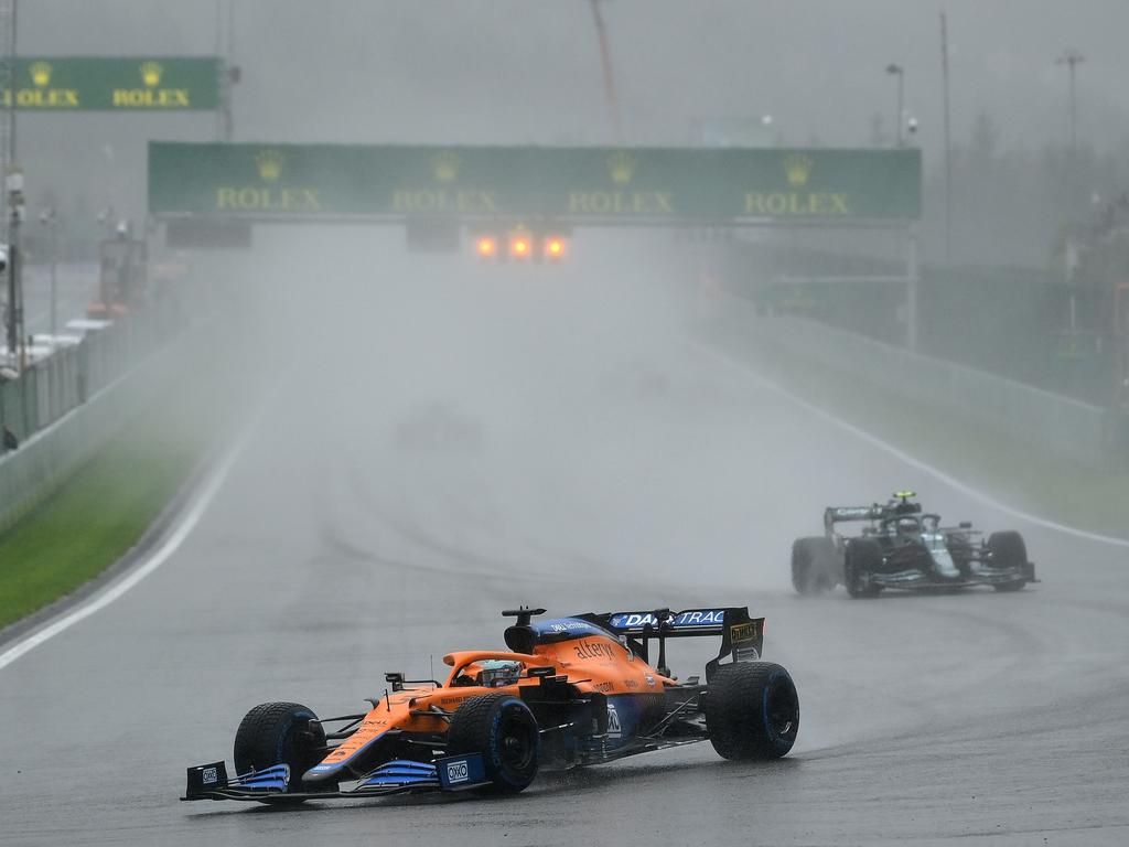 It was extremely soggy on the track at Spa. (Photo by Dan Mullan/Getty Images)