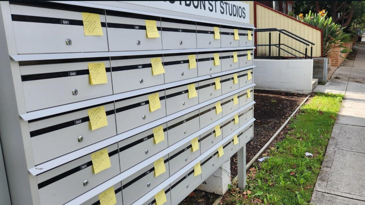 A Lakemba apartment building was canvassed with post-it notes. Picture: Reddit / deafriderz