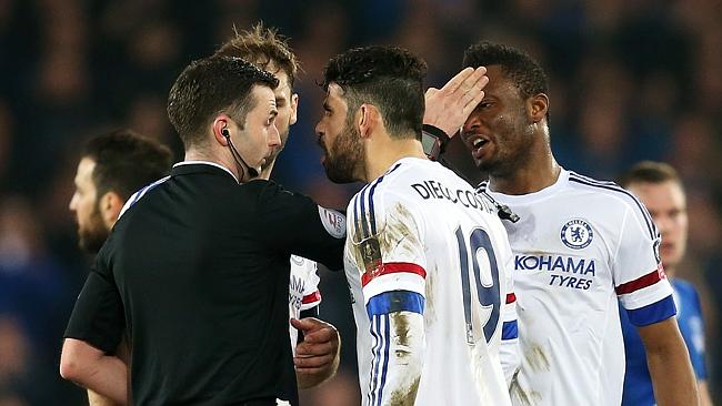 Diego Costa of Chelsea reacts after his red card by referee Michael Oliver.