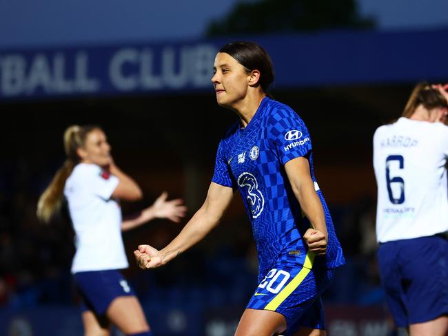 Sam Kerr celebrates scoring for Chelsea against Tottenham. Picture: Bryn Lennon/Getty Images