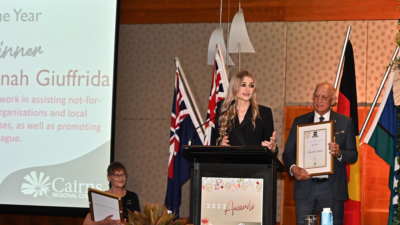 2023 Young Citizen of the year recipient Alannah Giuffrida accepting her award on Wednesday. Picture Emily Barker.