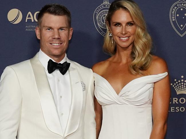 David Warner and wife Candice Warner arrive to attend the 2020 Australian Cricket Awards at Crown in Melbourne, Monday, February 10, 2020. (AAP Image/Scott Barbour) NO ARCHIVING