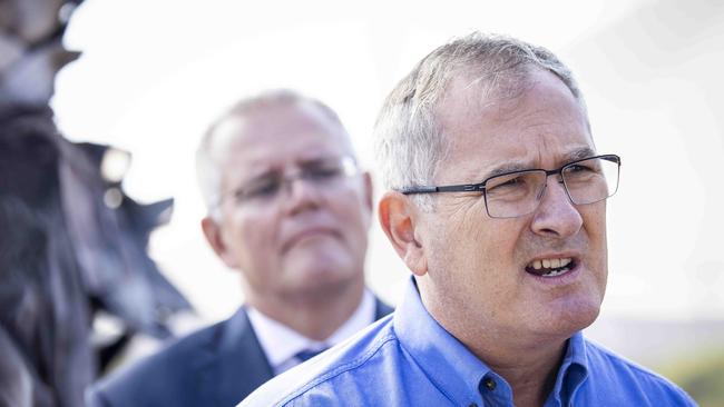 PM Scott Morrison and Michael Gollschewski speaking to the press at the Portland smelter on Friday. Picture: Nicole Cleary.