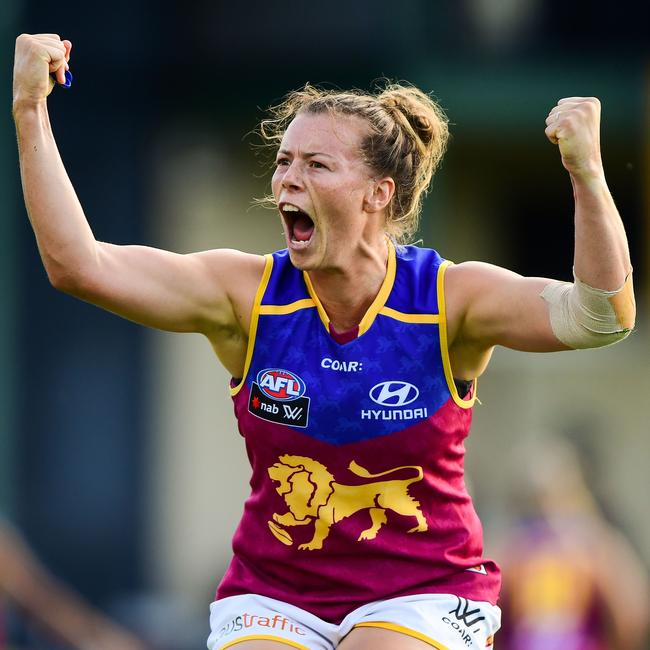 Britt Gibson celebrates a win for the Lions at the final siren during a 2017 AFLW match in Perth. Picture: DANIEL CARSON/AFL MEDIA/GETTY IMAGES