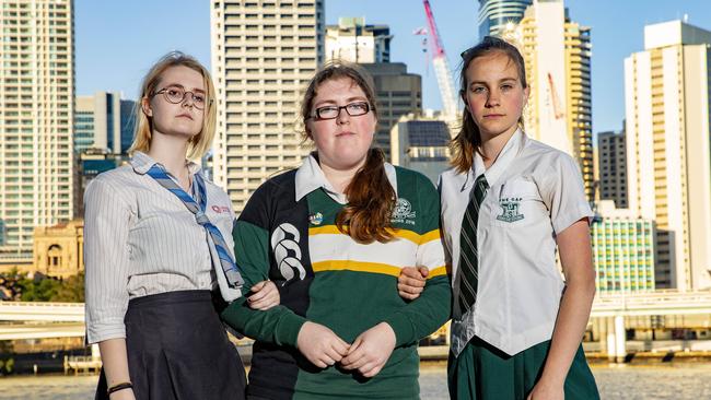 Students (from left) Millicent Biggs, Sara McKoy and Gina will take part in the climate strike. Picture: AAP Image/Richard Walker