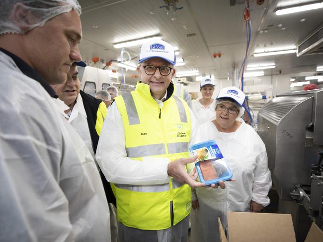 Brian Mitchell MP, Prime Minister Anthony Albanese and Senator Anne Urquhart tour the Tassal processing facility at Barretta. Picture: Chris Kidd