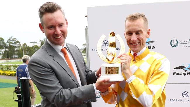 Trainer Adrian Bott and jockey Blake Shinn celebrate their Golden Slipper victory.