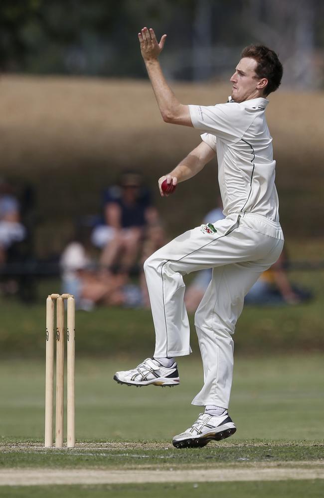 Caulfield’s Liam Campbell strives for a wicket. Picture: Valeriu Campan