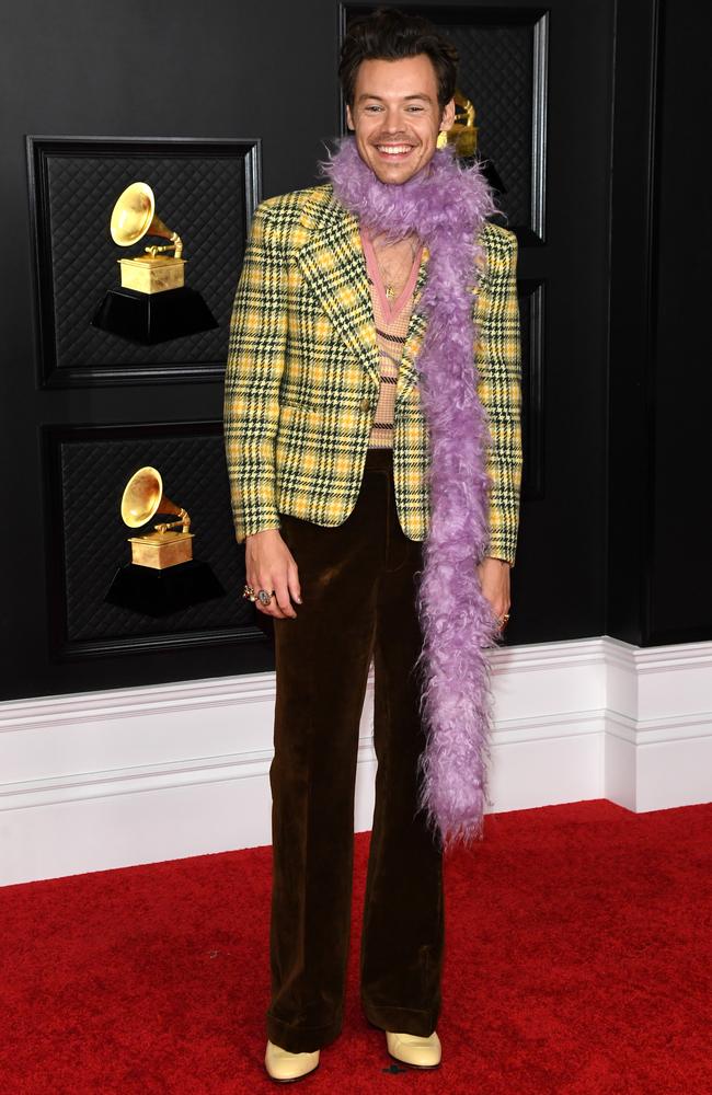 Grammy-winner Harry Styles also wore Gucci (and a boa-style scarf). Picture: Getty Images