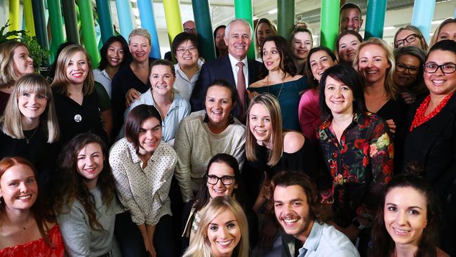 Some of the Mamamia employees with Prime Minister Malcolm Turnbull and Mia Freedman.