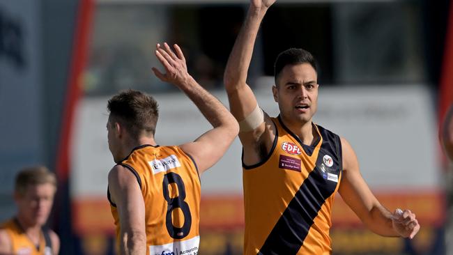 StrathmoreÃs Mitchell Purcell and Athan Tsialtas during the EDFL East Keilor v Strathmore football match in Keilor East, Saturday, July 29, 2023. Picture: Andy Brownbill