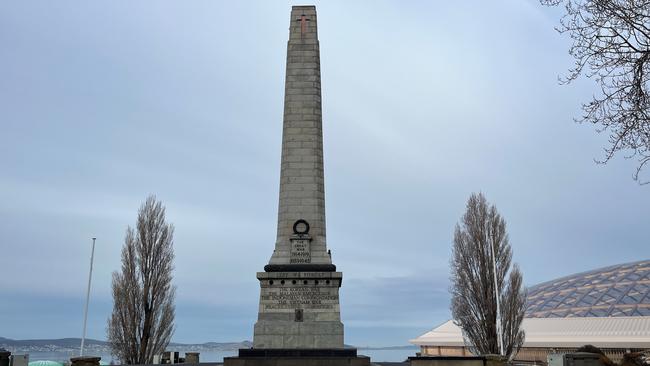 Renders showing the impact of the proposed Macquarie Point stadium from the Hobart Cenotaph released by the Macquarie Point Development Corporation.