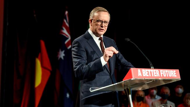 Anthony Albanese speaks at the West Ashfield Leagues Club in Sydney. Picture: NCA NewsWire / Flavio Brancaleone