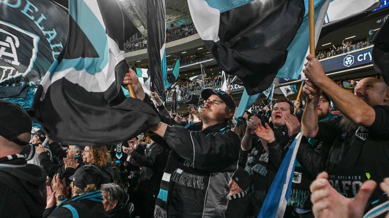 SEPTEMBER 13, 2024: Port fans in the cheer squad during the Port v Hawthorn semi final at Adelaide Oval. Picture: Brenton Edwards