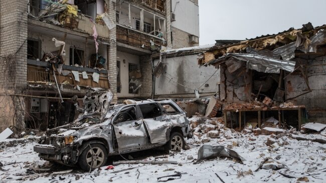 Bombed buildings in the residential neighborhood near Kharkiv Metro Station. Picture: Getty