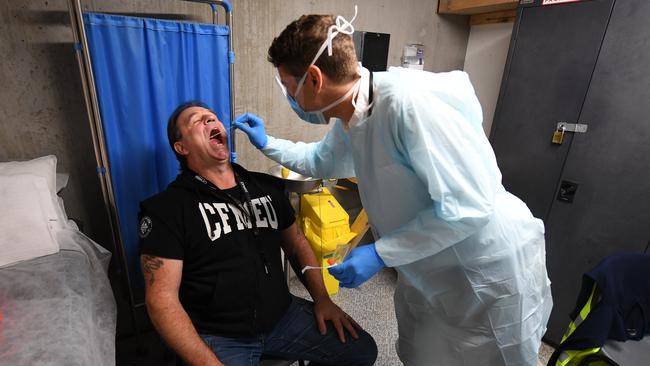 CFMEU boss John Setka is tested for coronavirus on a construction site in Melbourne this week. Picture: AAP